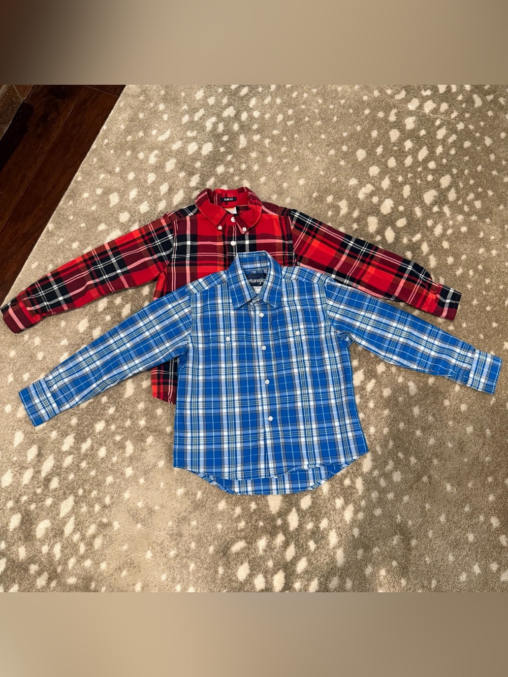 Bundle (2) Boys Plaid Button-Up Shirt - Blue Wrangler & Red Gymboree. Size 5/6
